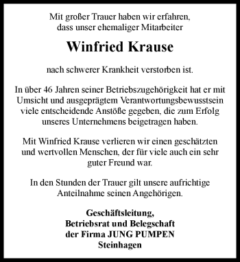 Traueranzeige von Winfried Krause von Neue Westfälische
