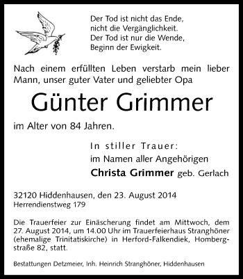 Traueranzeige von Günter Grimmer von Neue Westfälische
