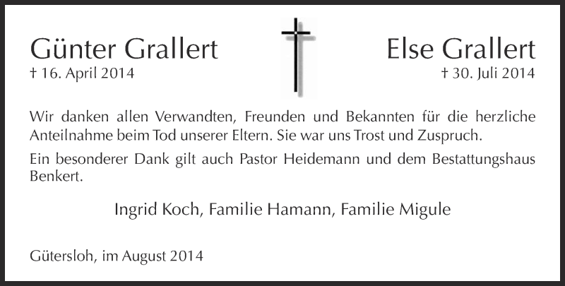  Traueranzeige für Günter und Else Grallert vom 26.08.2014 aus Neue Westfälische
