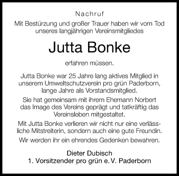 Traueranzeige von Jutta Bonke von Neue Westfälische