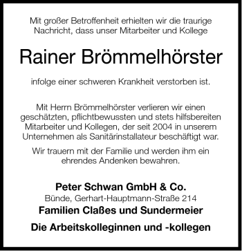 Traueranzeige von Rainer Brömmelhörster von Neue Westfälische