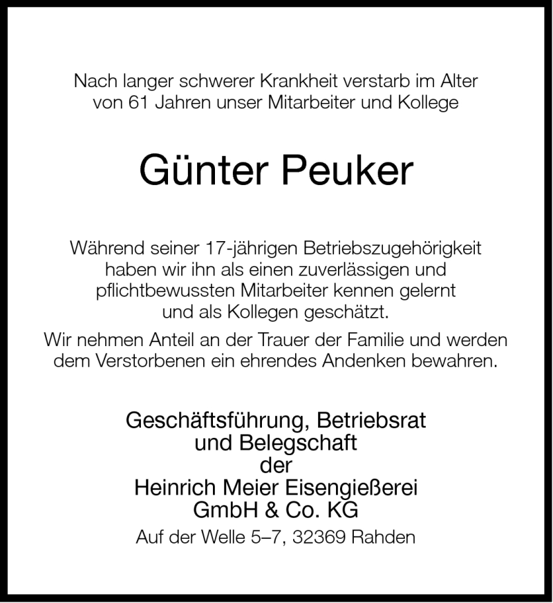  Traueranzeige für Günter Peuker vom 29.06.2011 aus Neue Westfälische
