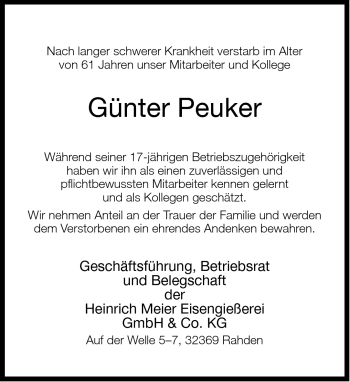 Traueranzeige von Günter Peuker von Neue Westfälische