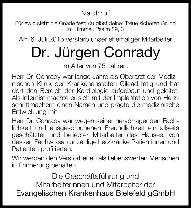  Traueranzeige für Jürgen Conrady vom 11.07.2015 aus Neue Westfälische