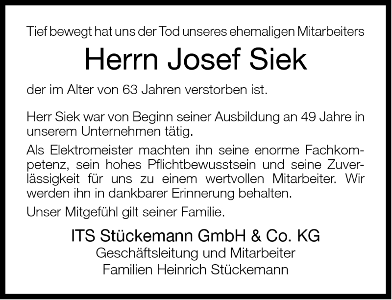  Traueranzeige für Josef Siek vom 29.06.2011 aus Neue Westfälische