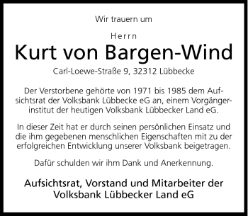 Traueranzeige von Kurt von Bargen-Wind von Neue Westfälische