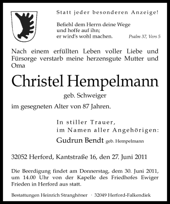 Traueranzeige von Christel Hempelmann von Neue Westfälische