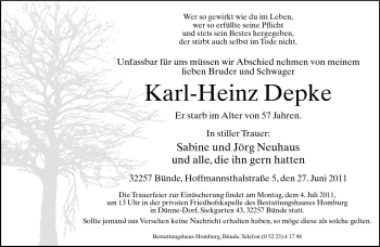 Traueranzeige von Karl-Heinz Depke von Neue Westfälische