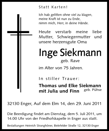 Traueranzeige von Inge Siekmann von Neue Westfälische