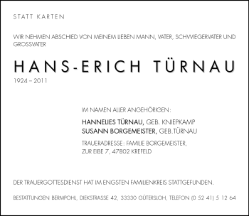 Traueranzeige von Hans-Erich Türnau von Neue Westfälische