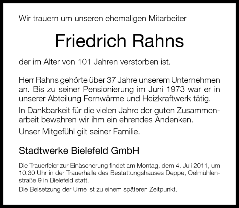  Traueranzeige für Friedrich Rahns vom 01.07.2011 aus Neue Westfälische