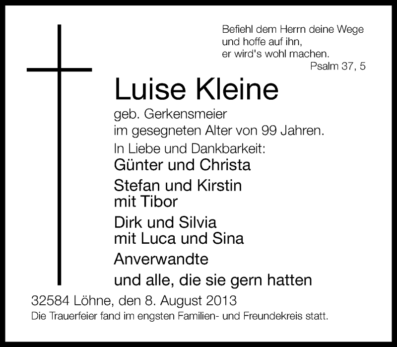  Traueranzeige für Luise Kleine vom 19.08.2013 aus Neue Westfälische