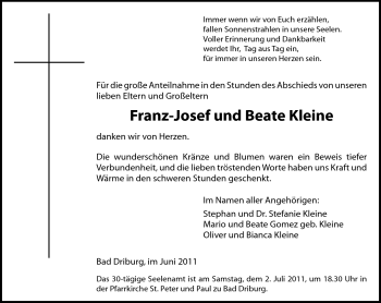 Traueranzeige von Franz-Josef und Beate Kleine von Neue Westfälische