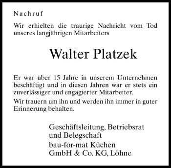 Traueranzeige von Walter Platzeck von Neue Westfälische