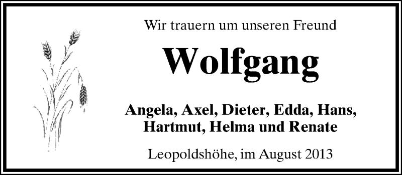  Traueranzeige für Wolfgang  vom 21.08.2013 aus Neue Westfälische