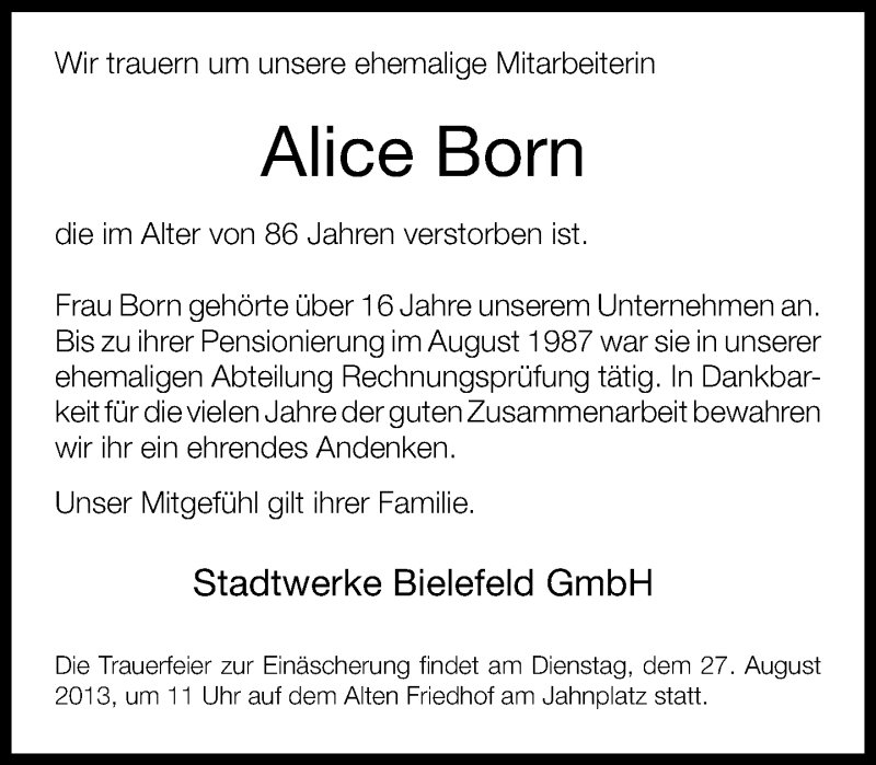  Traueranzeige für Alice Born vom 21.08.2013 aus Neue Westfälische