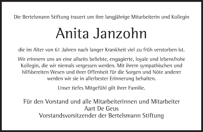  Traueranzeige für Anita Janzohn vom 22.08.2013 aus Neue Westfälische