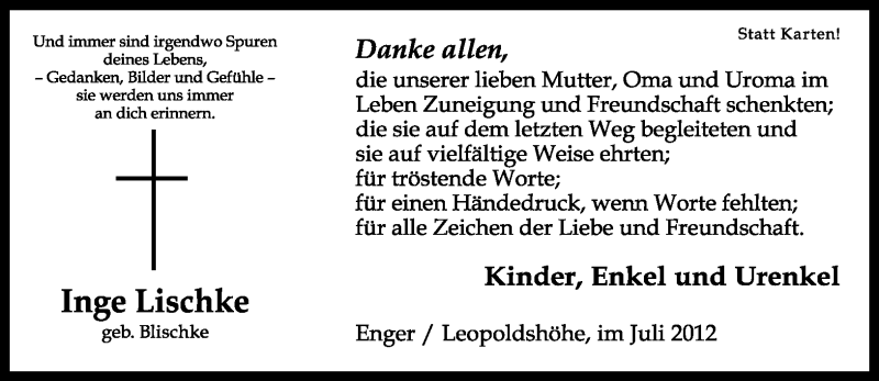  Traueranzeige für Inge Lischke vom 28.07.2012 aus Neue Westfälische