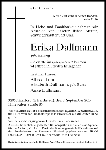 Traueranzeige von Erika Dallmann von Neue Westfälische