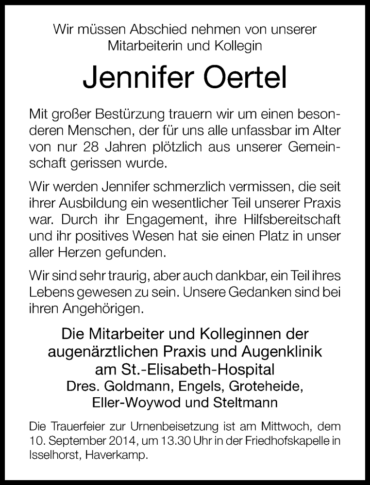  Traueranzeige für Jennifer Oertel vom 06.09.2014 aus Neue Westfälische