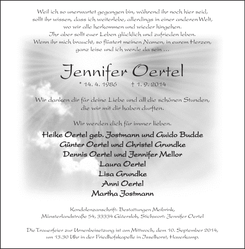  Traueranzeige für Jennifer Oertel vom 04.09.2014 aus Neue Westfälische