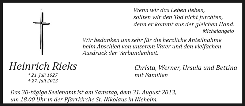  Traueranzeige für Heinrich Rieks vom 24.08.2013 aus Neue Westfälische