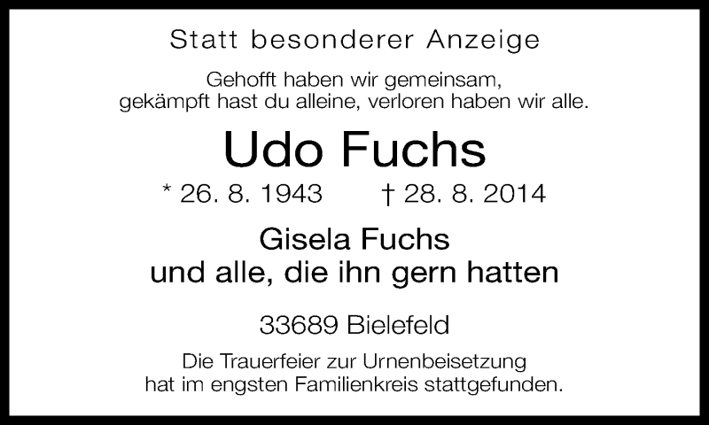  Traueranzeige für Udo Fuchs vom 06.09.2014 aus Neue Westfälische