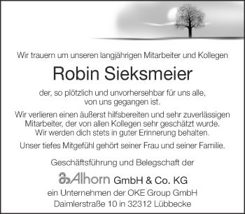 Traueranzeige von Robin Sieksmeier von Neue Westfälische