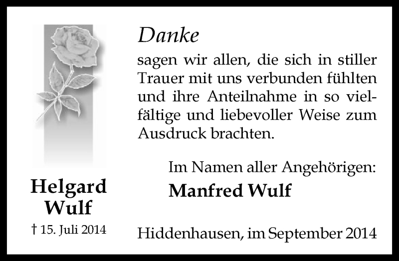  Traueranzeige für Helgard Wulf vom 06.09.2014 aus Neue Westfälische