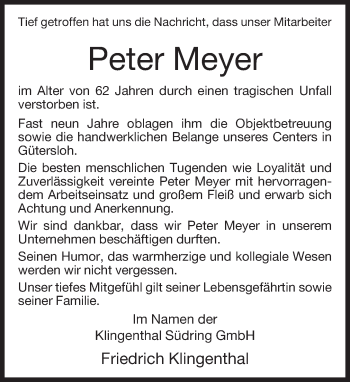 Traueranzeige von Peter Meyer von Neue Westfälische