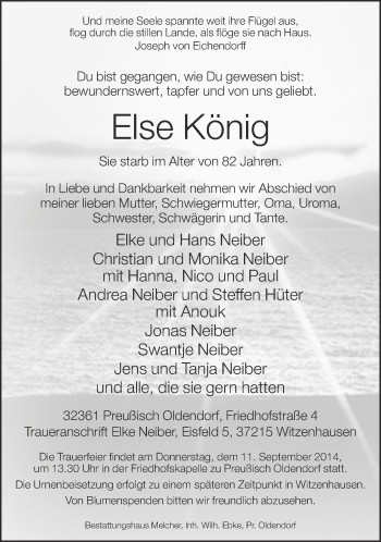 Traueranzeige von Else König von Neue Westfälische