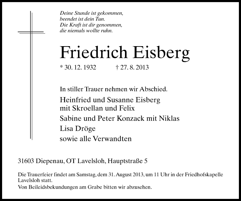  Traueranzeige für Friedrich Eisberg vom 28.08.2013 aus Neue Westfälische