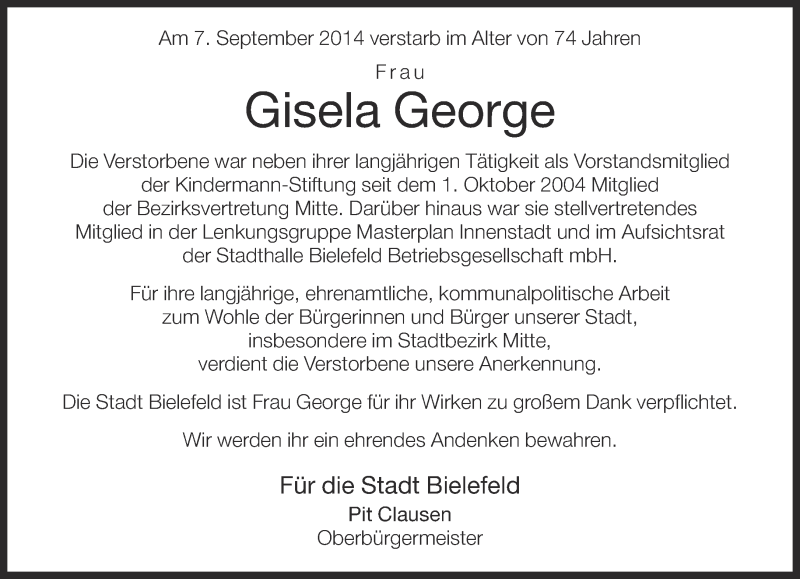  Traueranzeige für Gisela George vom 10.09.2014 aus Neue Westfälische