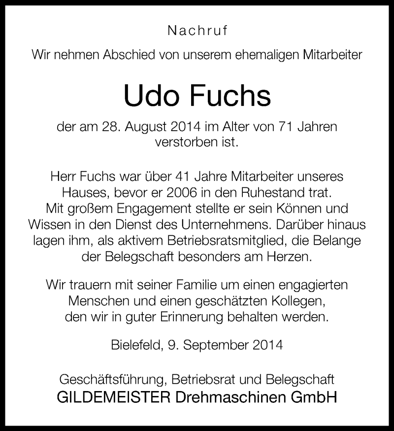  Traueranzeige für Udo Fuchs vom 10.09.2014 aus Neue Westfälische