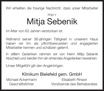 Traueranzeige von Mitja Sebenik von Neue Westfälische