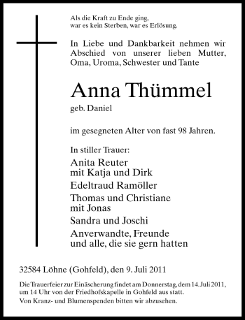 Traueranzeige von Anna Thümmel von Neue Westfälische
