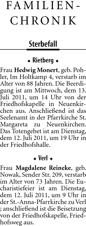 Traueranzeige von Hedwig Monert von Neue Westfälische