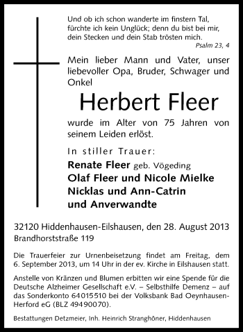 Traueranzeige von Herbert Fleer von Neue Westfälische