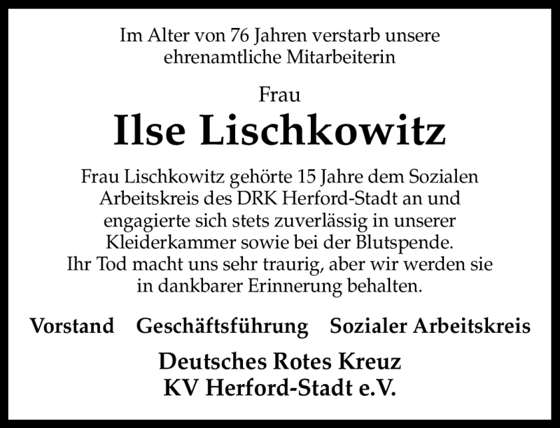  Traueranzeige für Ilse Lischkowitz vom 07.08.2012 aus Neue Westfälische