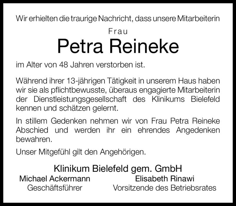  Traueranzeige für Petra Reineke vom 08.08.2012 aus Neue Westfälische