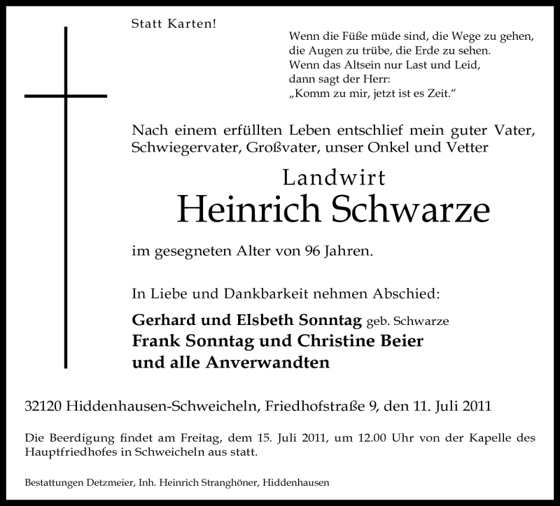  Traueranzeige für Heinrich Schwarze vom 13.07.2011 aus Neue Westfälische