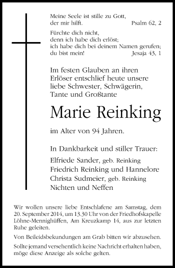Traueranzeige von Marie Reinking von Neue Westfälische
