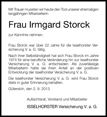Traueranzeige von Irgard Storck von Neue Westfälische