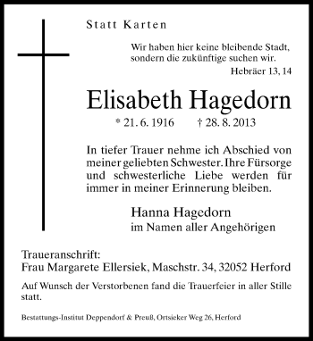 Traueranzeige von Elisabeth Hagedorn von Neue Westfälische