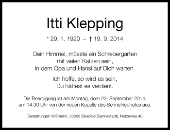 Traueranzeige von Itti Klepping von Neue Westfälische