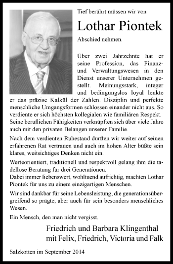 Traueranzeige von Lothar Piontek von Neue Westfälische