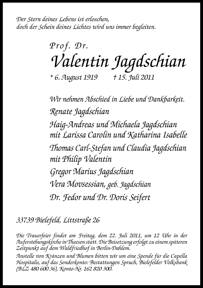  Traueranzeige für Valentin Jagdschian vom 19.07.2011 aus Neue Westfälische