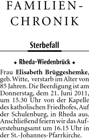 Traueranzeige von Elisabeth Brüggeshemke von Neue Westfälische