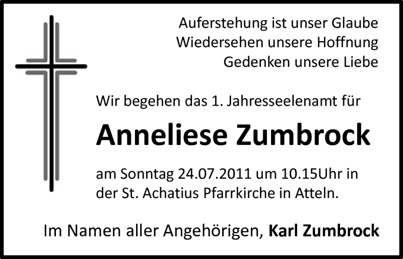  Traueranzeige für Anneliese Zumb vom 23.07.2011 aus Neue Westfälische