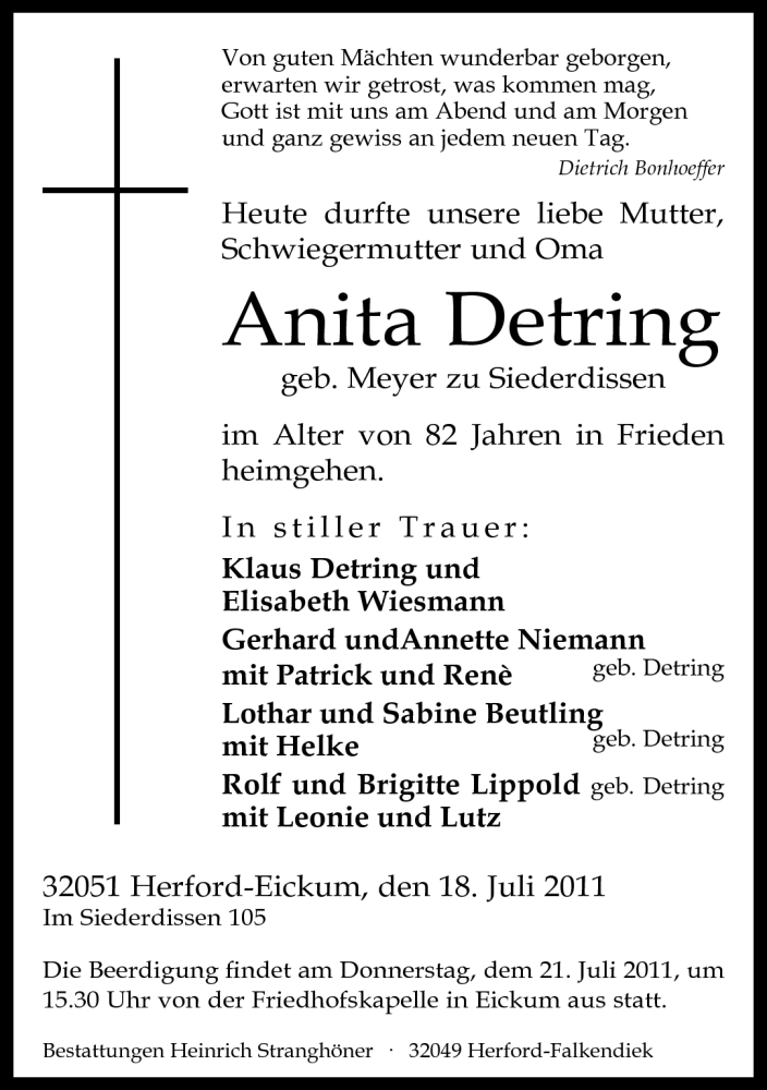  Traueranzeige für Anita Detring vom 20.07.2011 aus Neue Westfälische